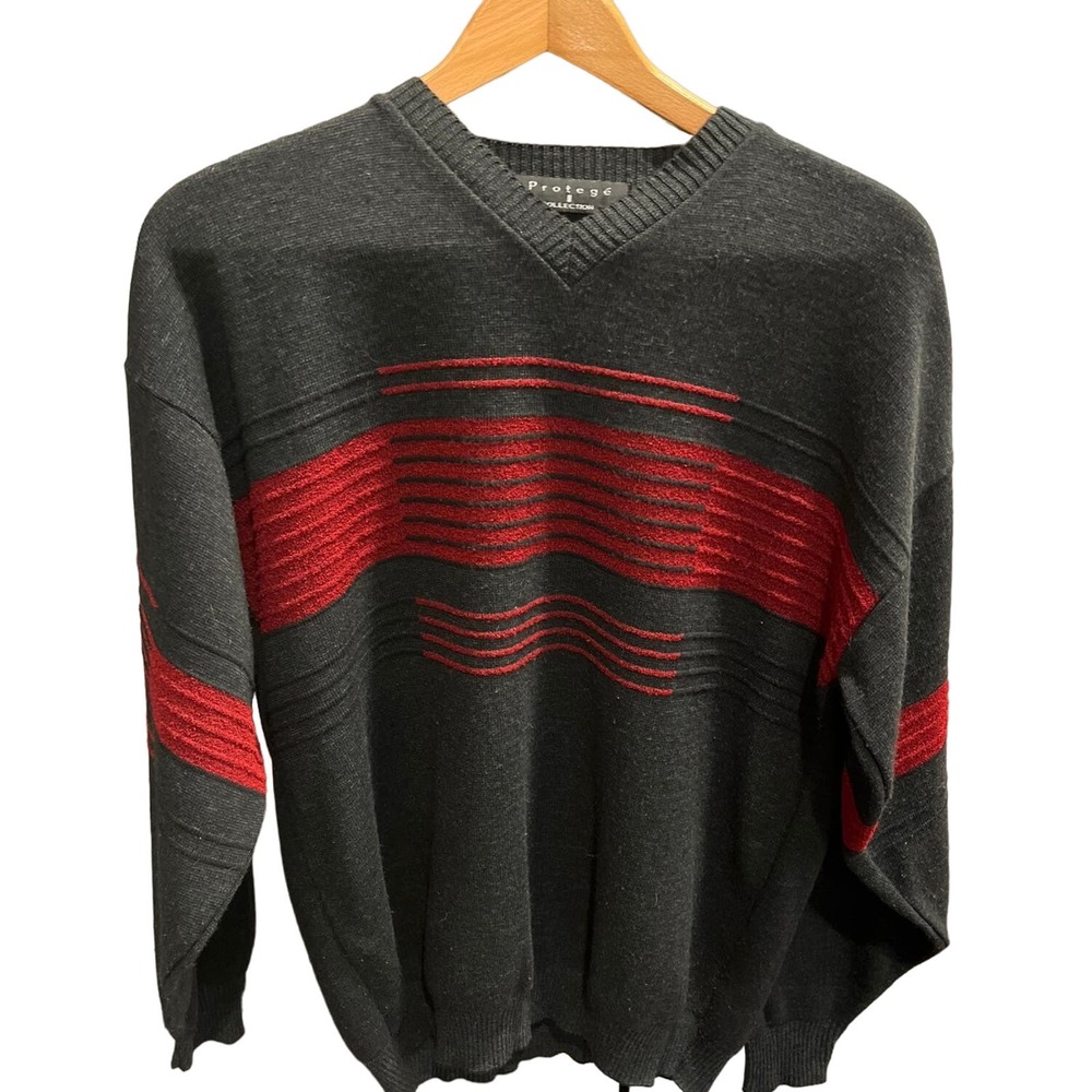 Protege BLACK red stripes V NECK 90s sweater acrylic knit USA MADE knit mens LRG